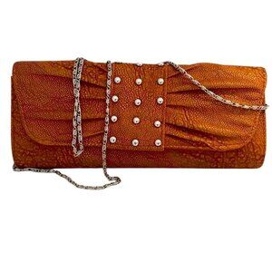 Bijoux Terner Orange Handbag Purse with Silver Chain Strap, Pearls, Bow Design